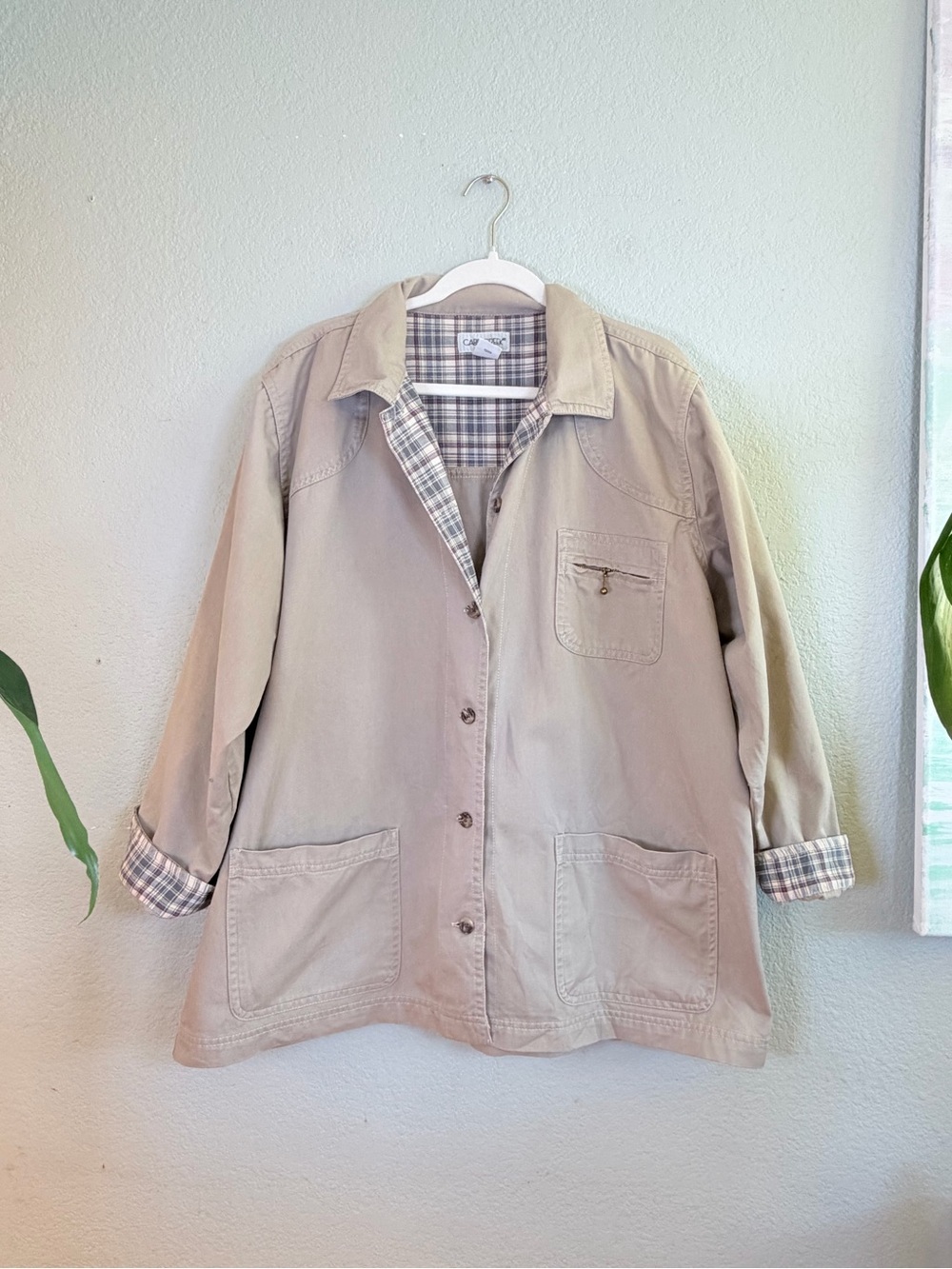 Cabin Creek Cotton Khaki Tan Plaid Cuff Button Up Chore Coat Barn Jacket 20